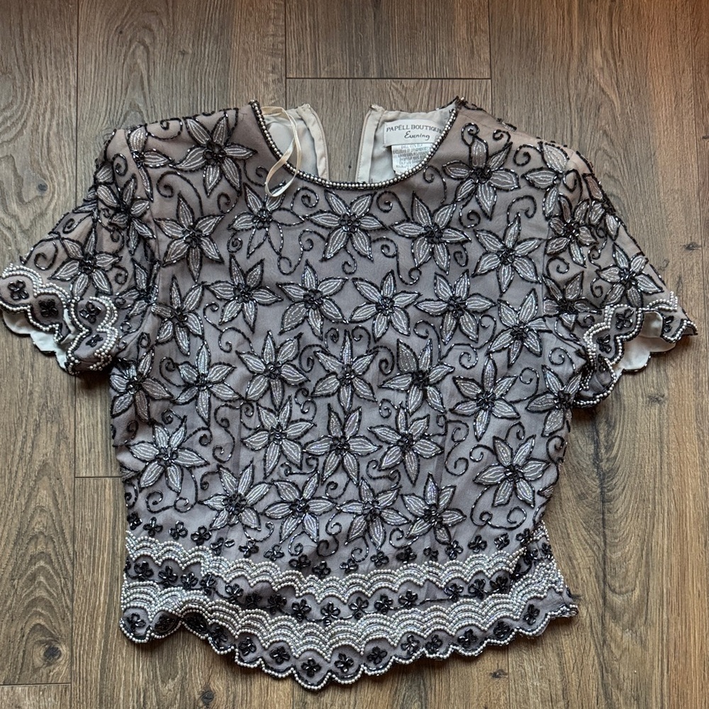 Beaded Vintage  Black and Gray Floral Embroidered Blouse